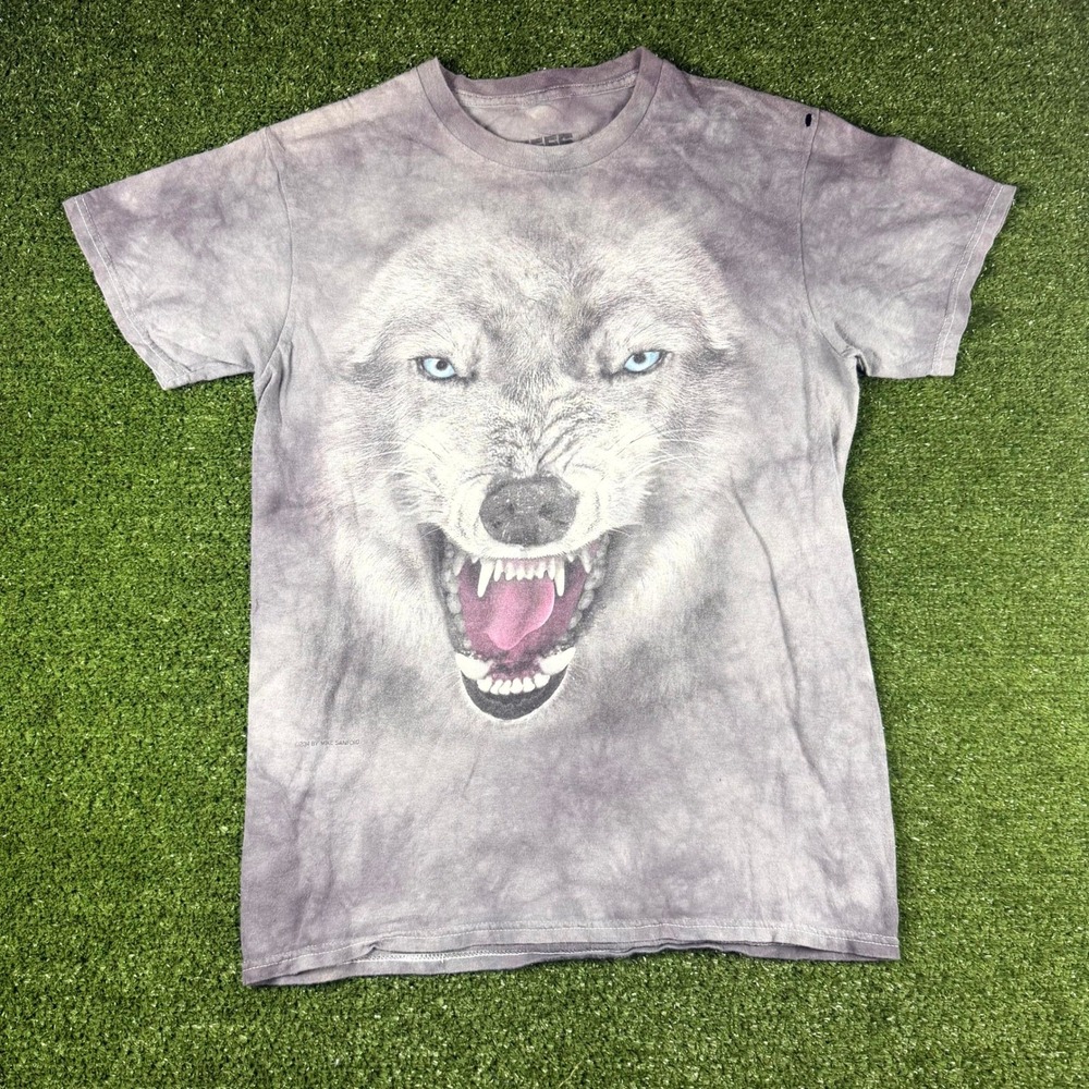 3D Tees The Mountain Snarling Wolf Graphic T-Shirt Grey Tie Dye Small 2014